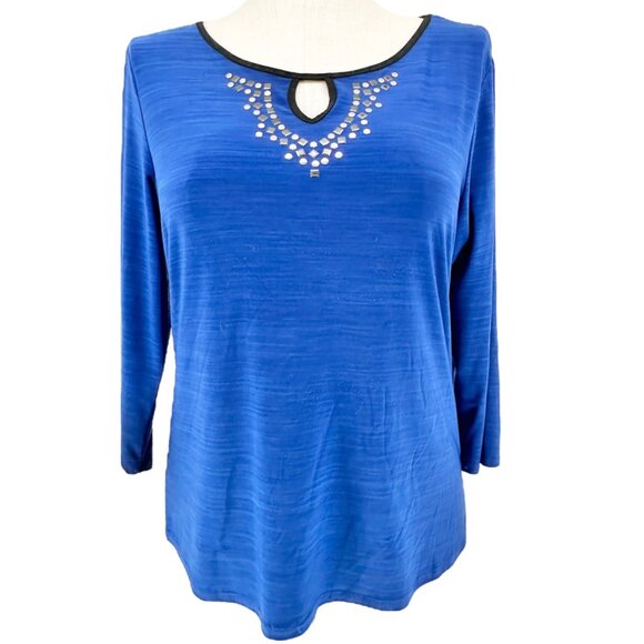 Susan Lawrence Top XL Blue 3/4 Sleeve Silver Embellishments Black Trim Accents - Picture 1 of 8